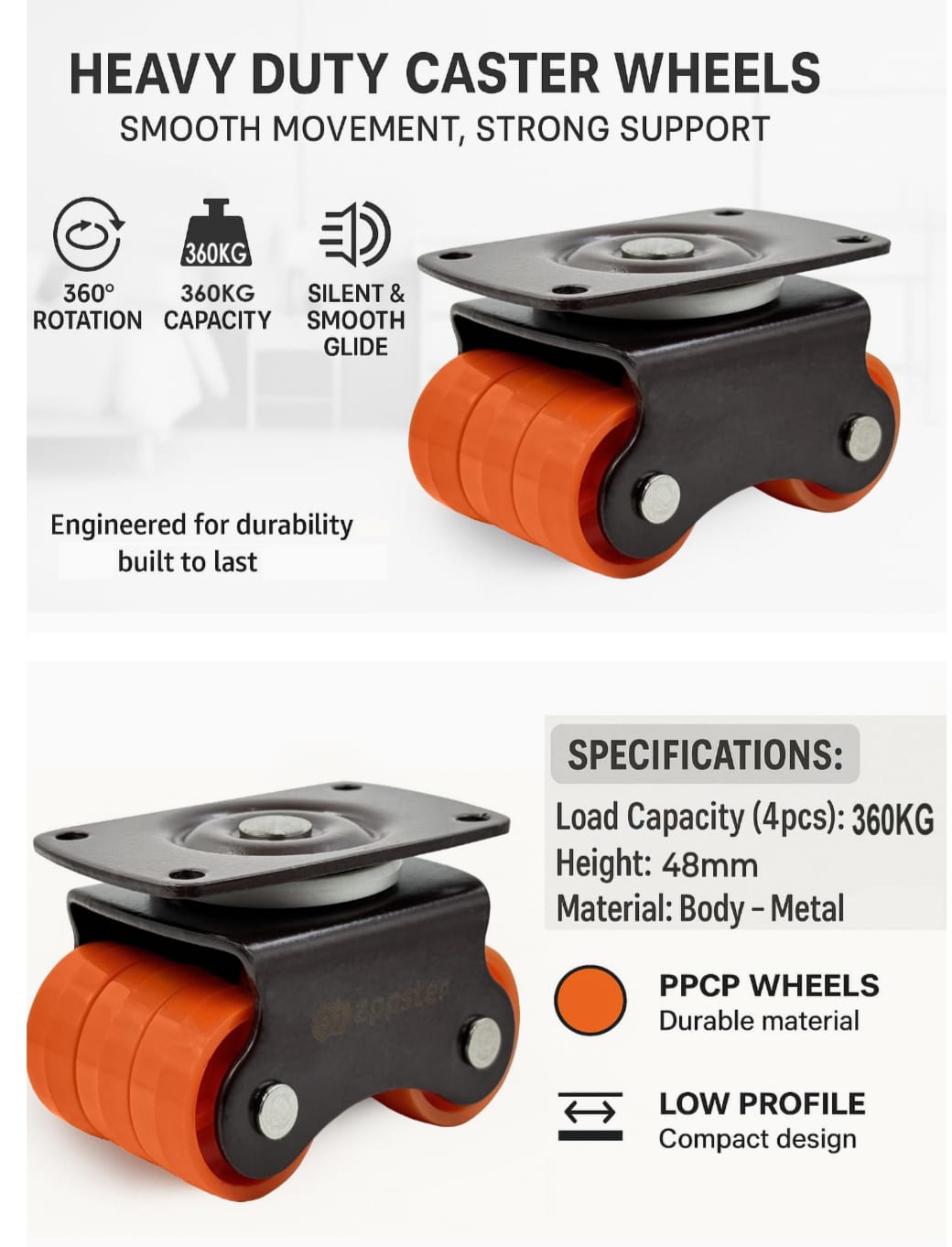 ADISON sixer wheels 360 degree moving rotating furniture castor wheels pack of 4 sets with screws heavy duty can hold upto 250 kgs mild steel material