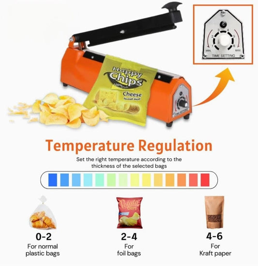 Adison Hand Heat Sealer Machine, 8 Inch, Orange, Polythene Packaging Machine, 220 Volt, High Powered Cable, with 2 Free Elements, 43x19x10 cm