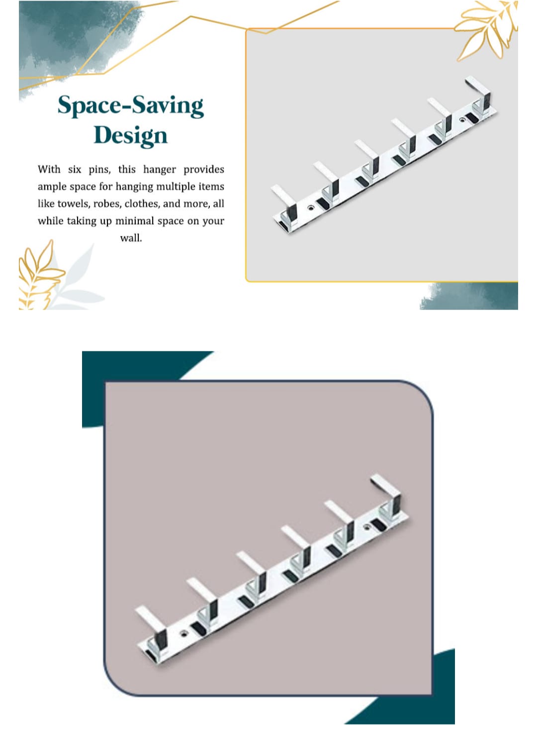 Adison bathroom hooks stainless steel can handle up to 1-2 kg weight  golden brownish 6 hooks on one plate pack of two plates with screws