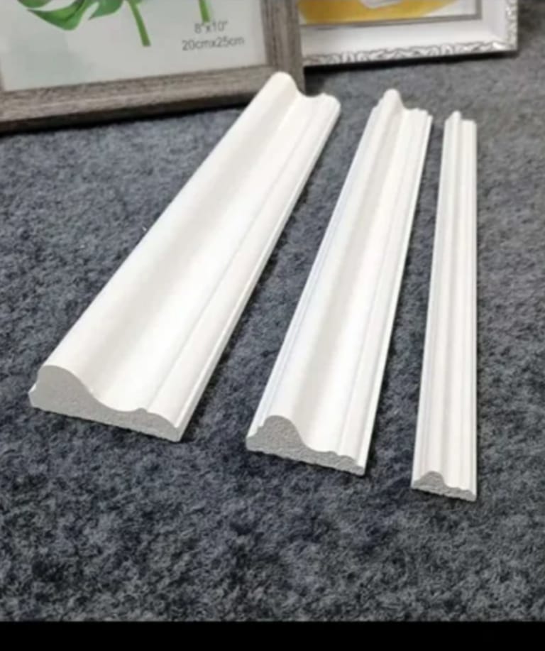 Adison PVC wall moulding taper 45 mm in size 3-4 feet long. Pack of 10 pieces heavy duty white colour PVC wall mouldings screw free application wider PVC wall moulding white wooden strips