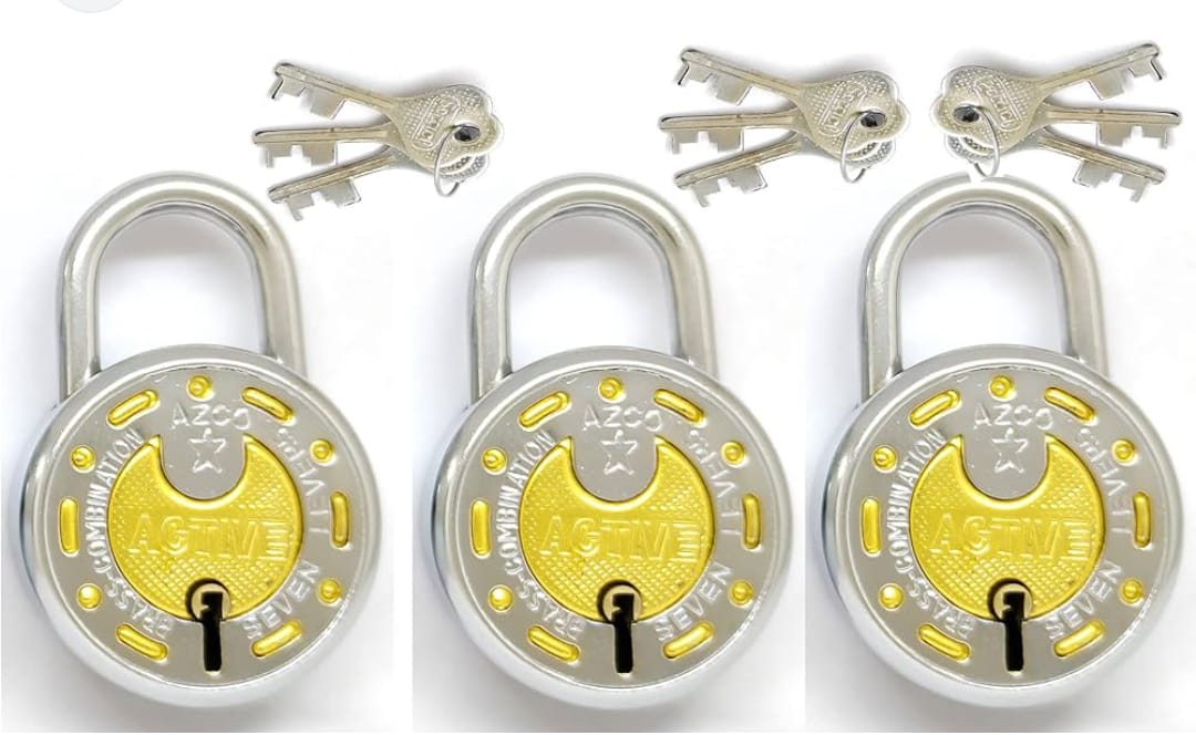 Adison 50 mm padlock with brass material heavy duty door lock pack of 2 and get 1 free padlock golden plus silver colour