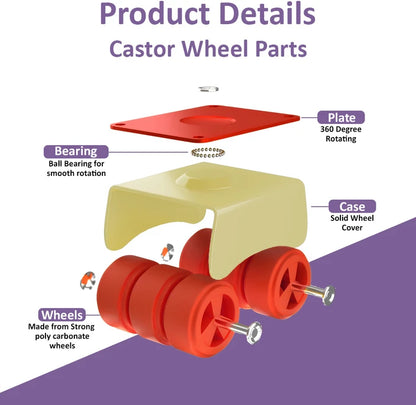 ADISON sixer wheels 360 degree moving rotating furniture castor wheels pack of 4 sets with screws heavy duty can hold upto 250 kgs mild steel material