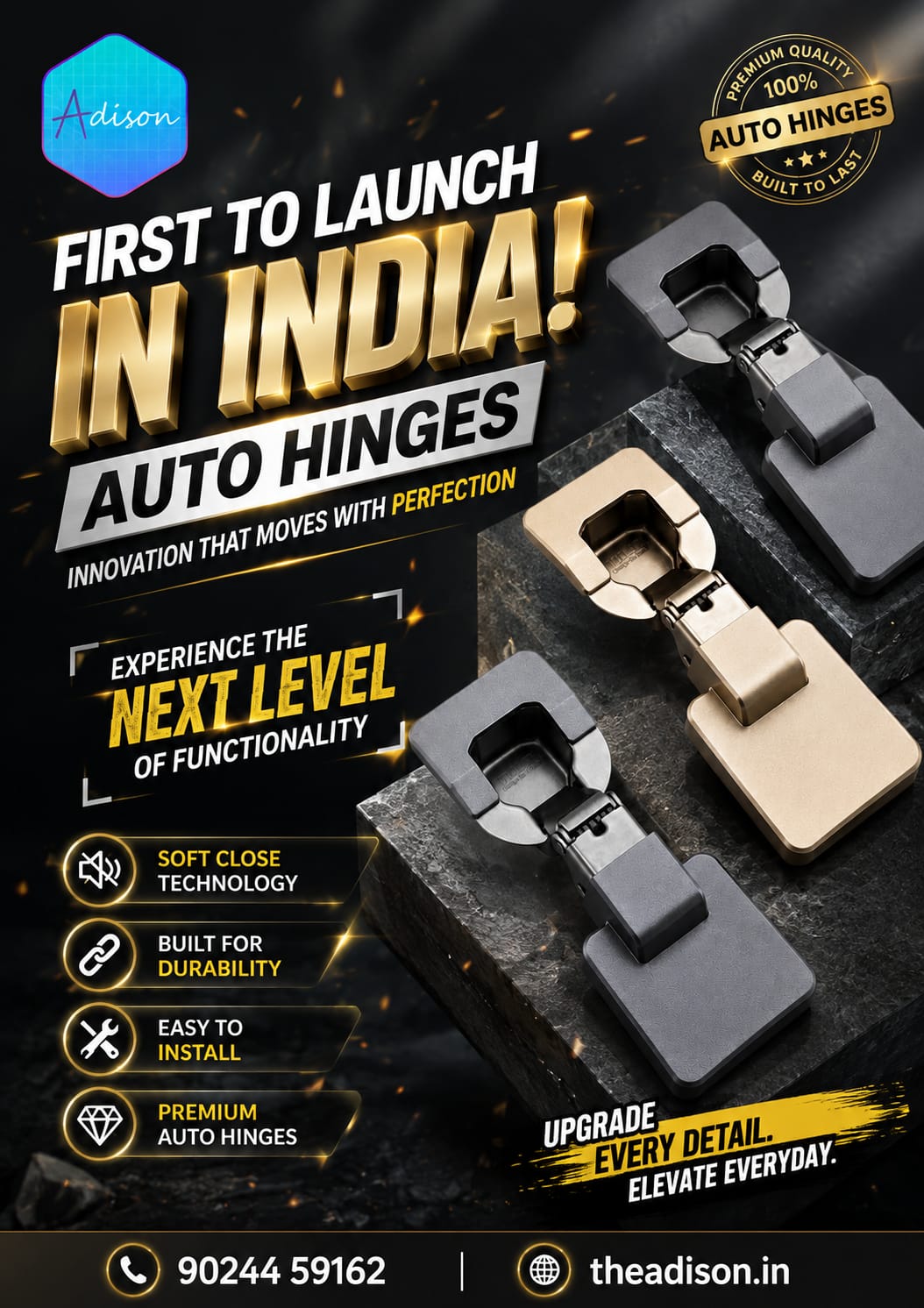 Adison new concealed auto hinges grey matt finish 0 crank with all fitting accessories and screws pack of 1 pair , india's first launch concealed grey matt covered finish soft close auto close hinges