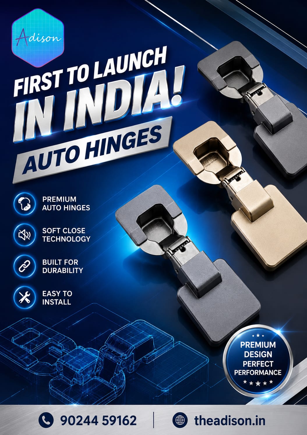 Adison new concealed auto hinges grey matt finish 0 crank with all fitting accessories and screws pack of 1 pair , india's first launch concealed grey matt covered finish soft close auto close hinges