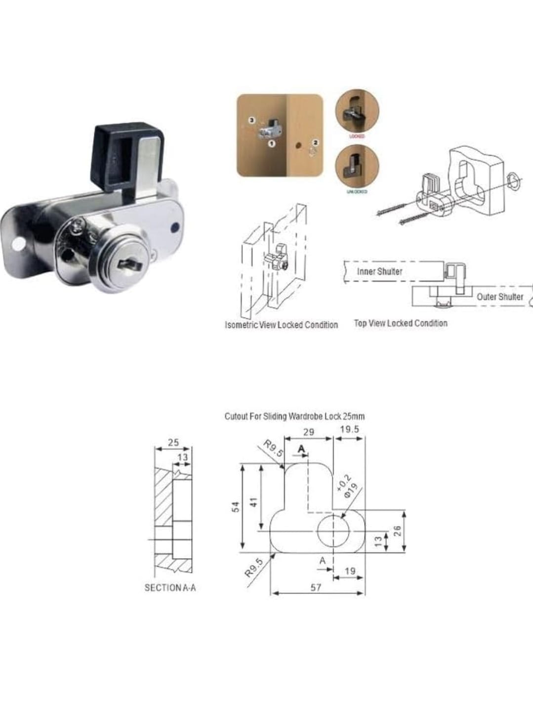 Adison sliding wardrobe lock stainless steel pack of 2 locks heavy duty sliding wardrobe lock for centre comes with accessories